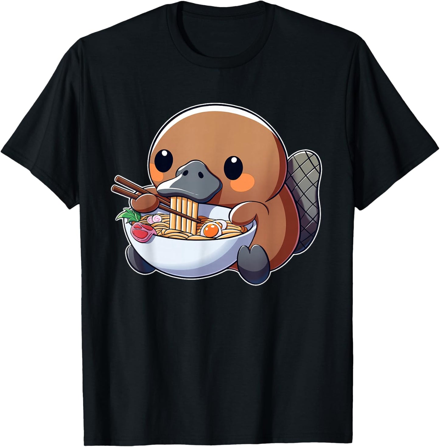 Cute Platypus Ramen Anime Kawaii Japanese Eating Noodle Kids T-Shirt - T-Shirt | Black