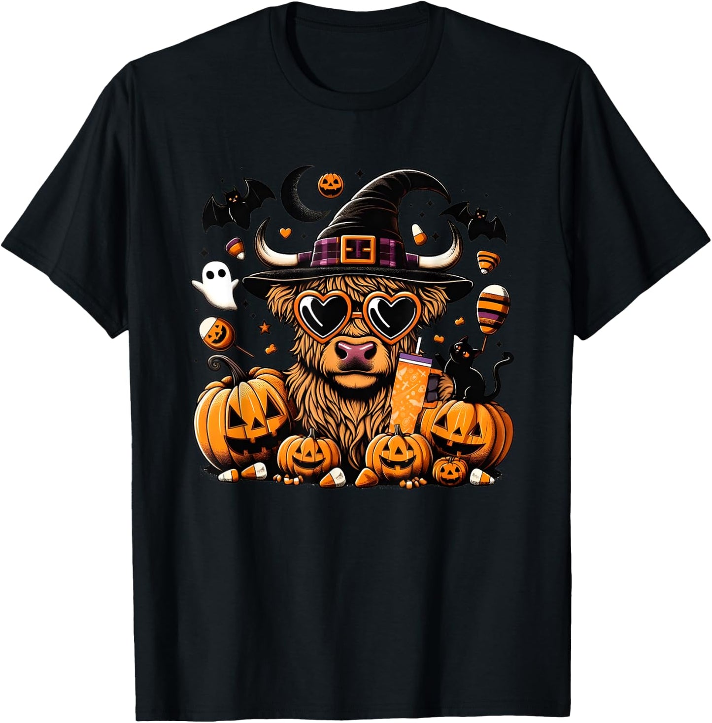 Halloween Highland Cow Bull Halloween Ghost Cows Spooky T-Shirt - T-Shirt | Black