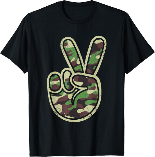 Camo Peace Sign Retro Vintage Kids Camouflage Boys Camo T-Shirt - T-Shirt | Black