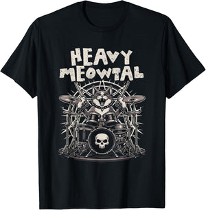 Heavy Meowtal Funny Cat Playing Drums Drummer Cat Meow Men Women Girls Kids T-Shirt - T-Shirt | Black