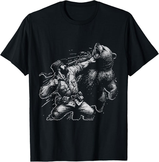 Bear Funny Man Punching Bear Retro Vintage Hunting Camping T-Shirt - T-Shirt | Black