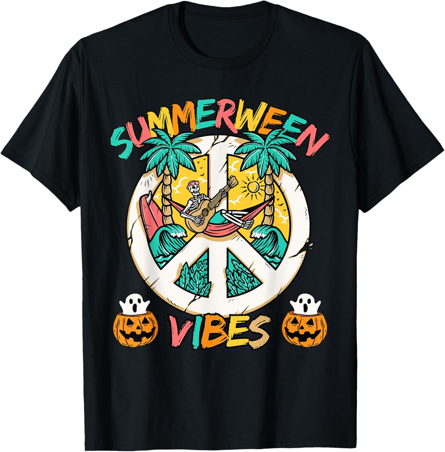 Summerween skeleton chill out at the Beach with summer vibes T-Shirt - T-Shirt | Black