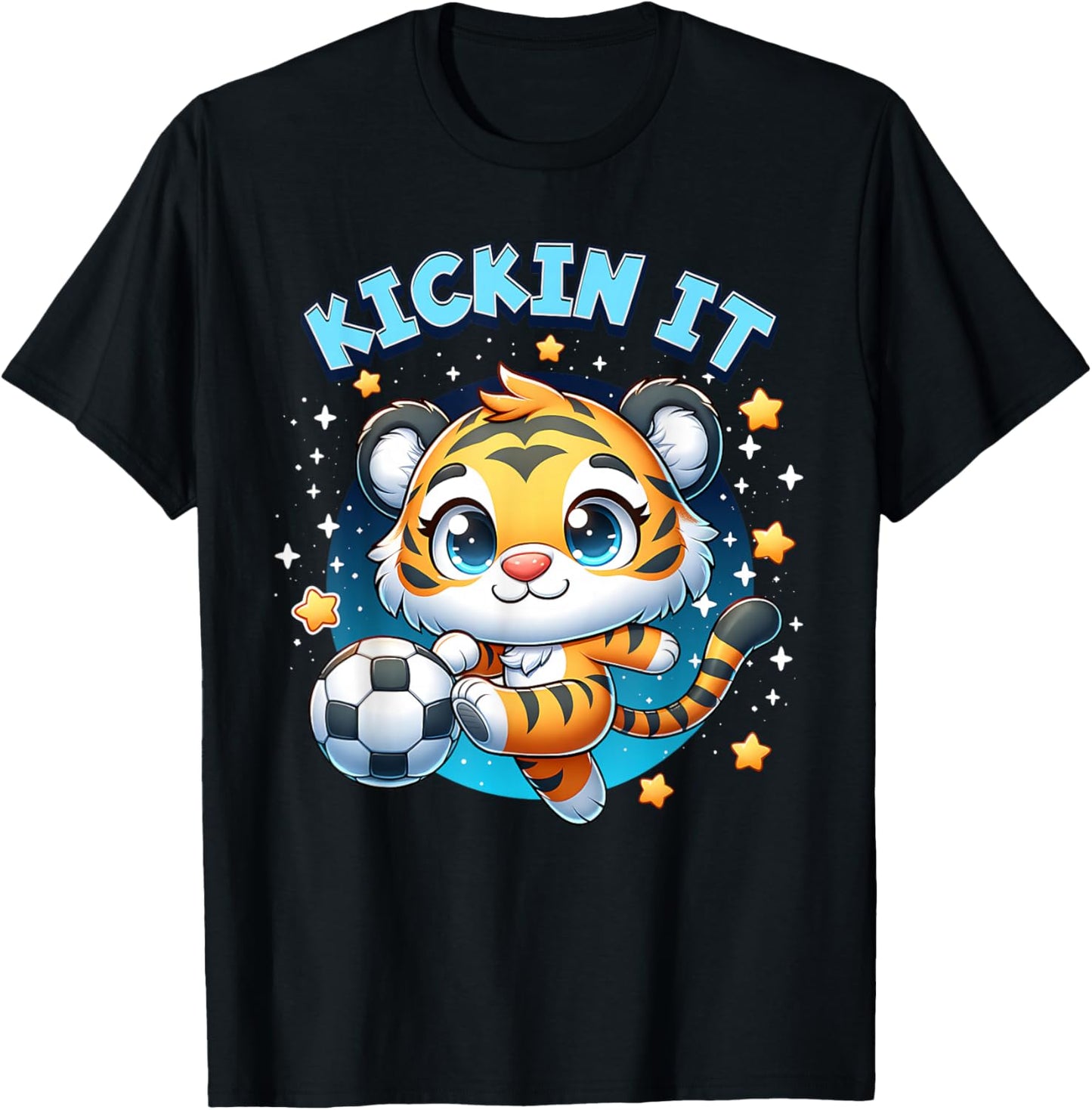 Kickin It Tiger Playing Soccer Kicking Ball Player Girl Boy T-Shirt - T-Shirt | Black