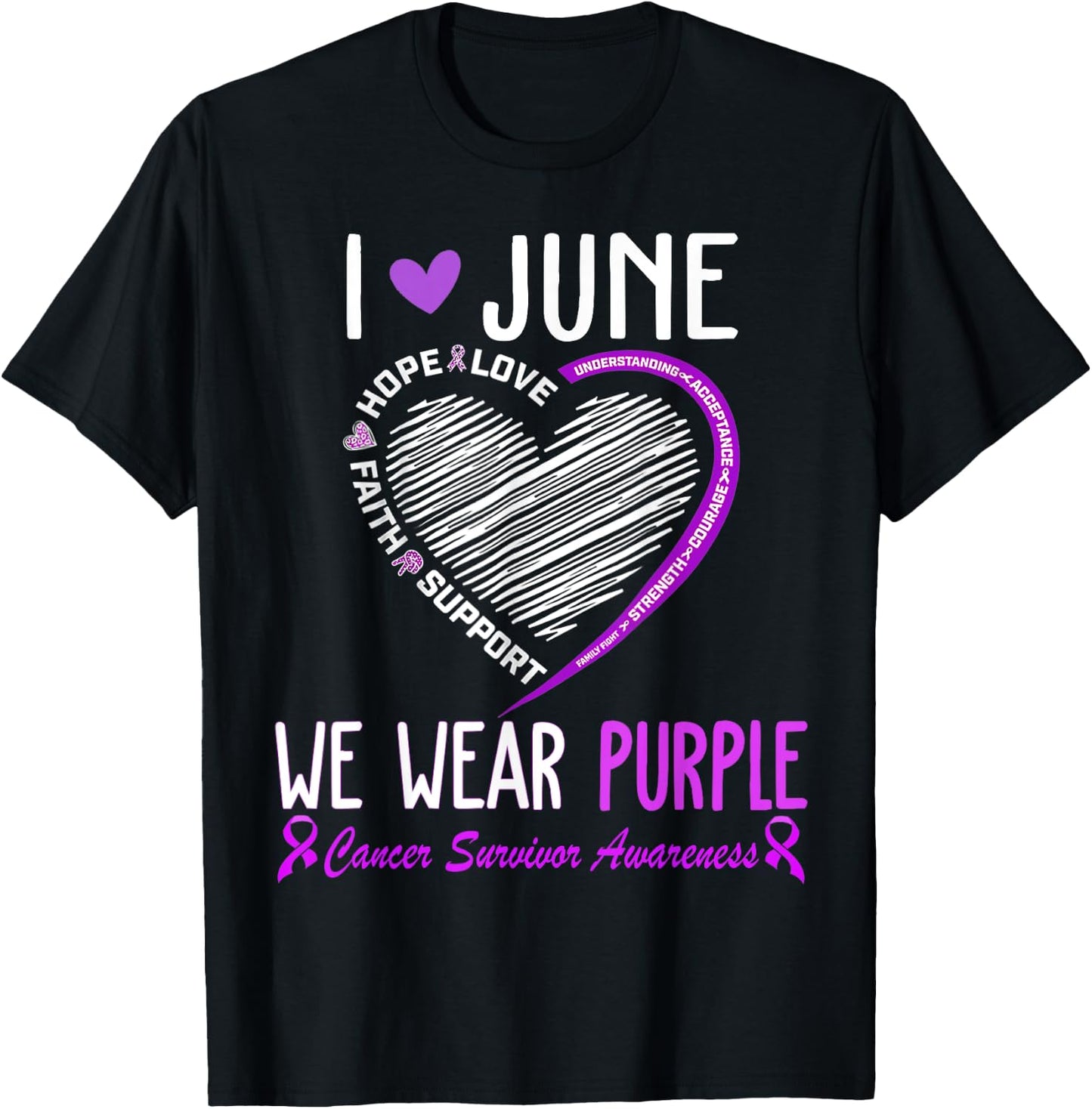 In June We Wear Purple Cancer Survivor Awareness Heart T-Shirt - T-Shirt | Black