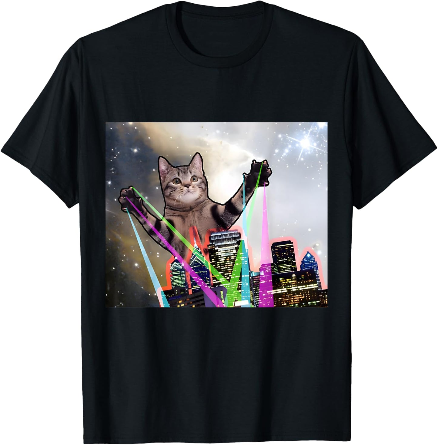 Laser Eyes Space Cat Funny Laser Cat Cute Space Cat Kitten T-Shirt - T-Shirt | Black