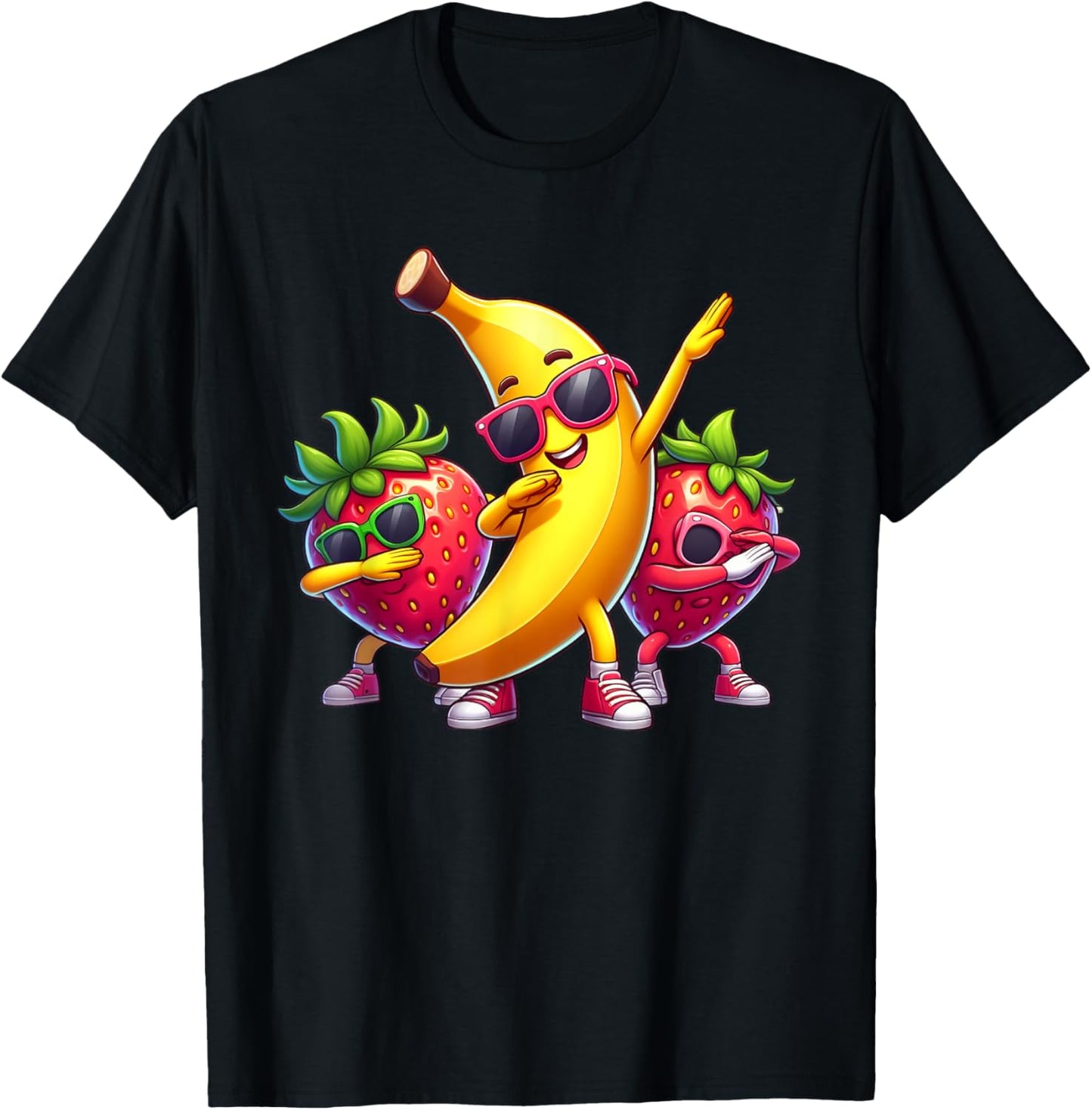 Dabbing Yellow Banana & Strawberry Funny Fruit Dab Dancing T-Shirt - T-Shirt | Black
