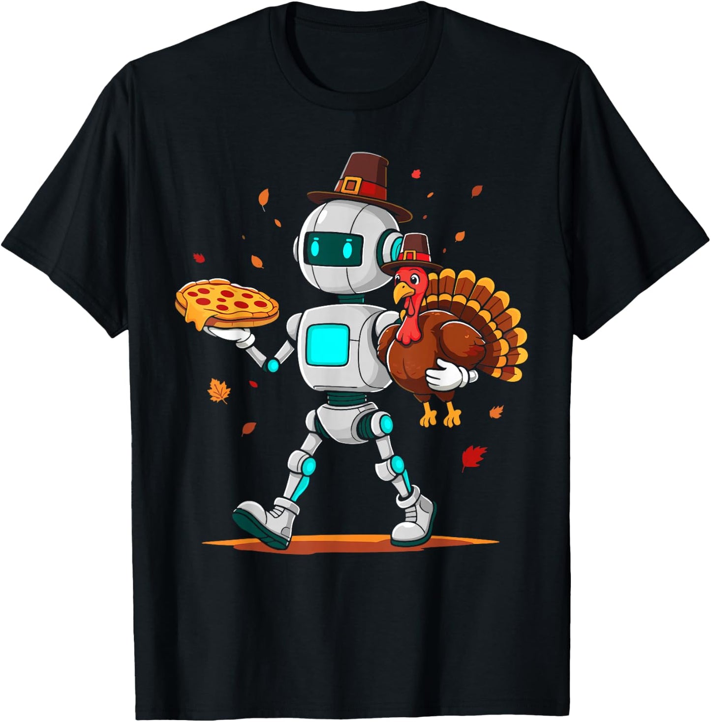 Robot holding turkey pizza thanksgiving fall kids men women T-Shirt - T-Shirt | Black