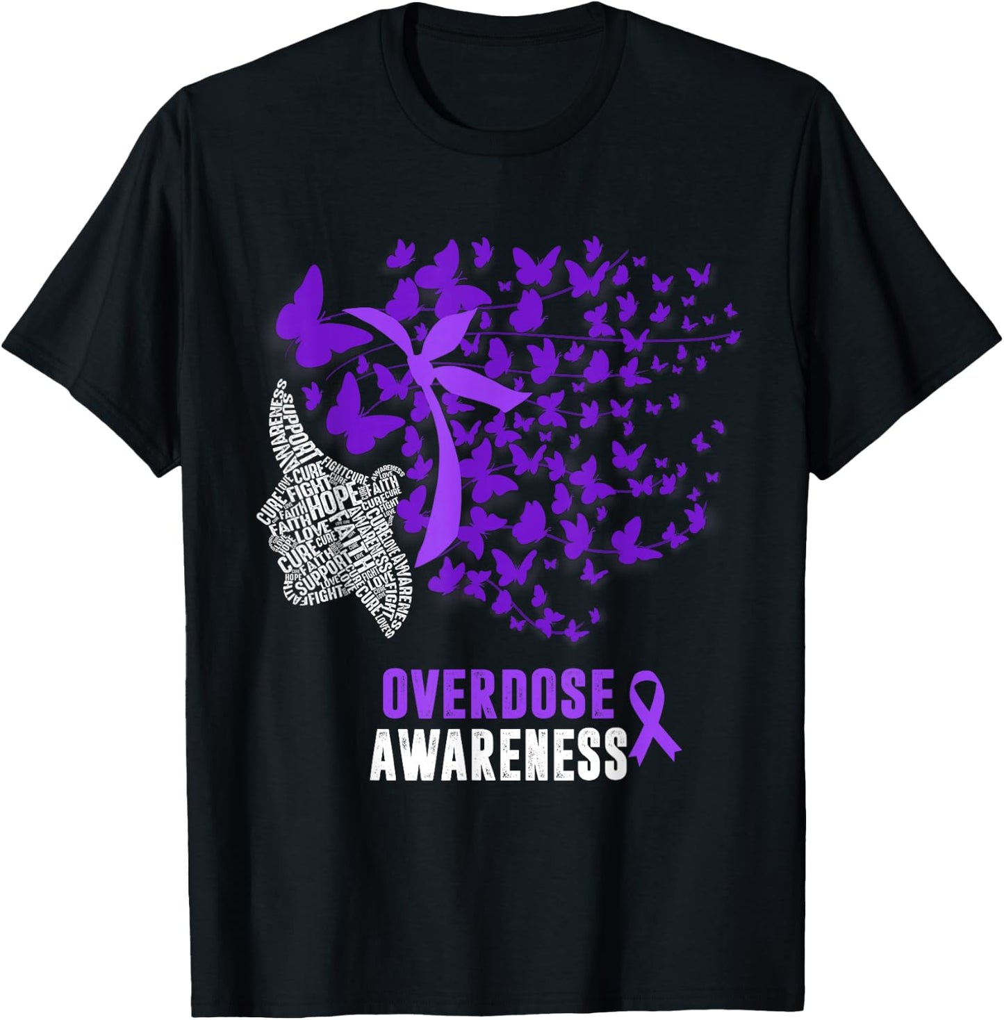 Overdose Awareness Month Butterfly Purple Ribbon T-Shirt - T-Shirt | Black