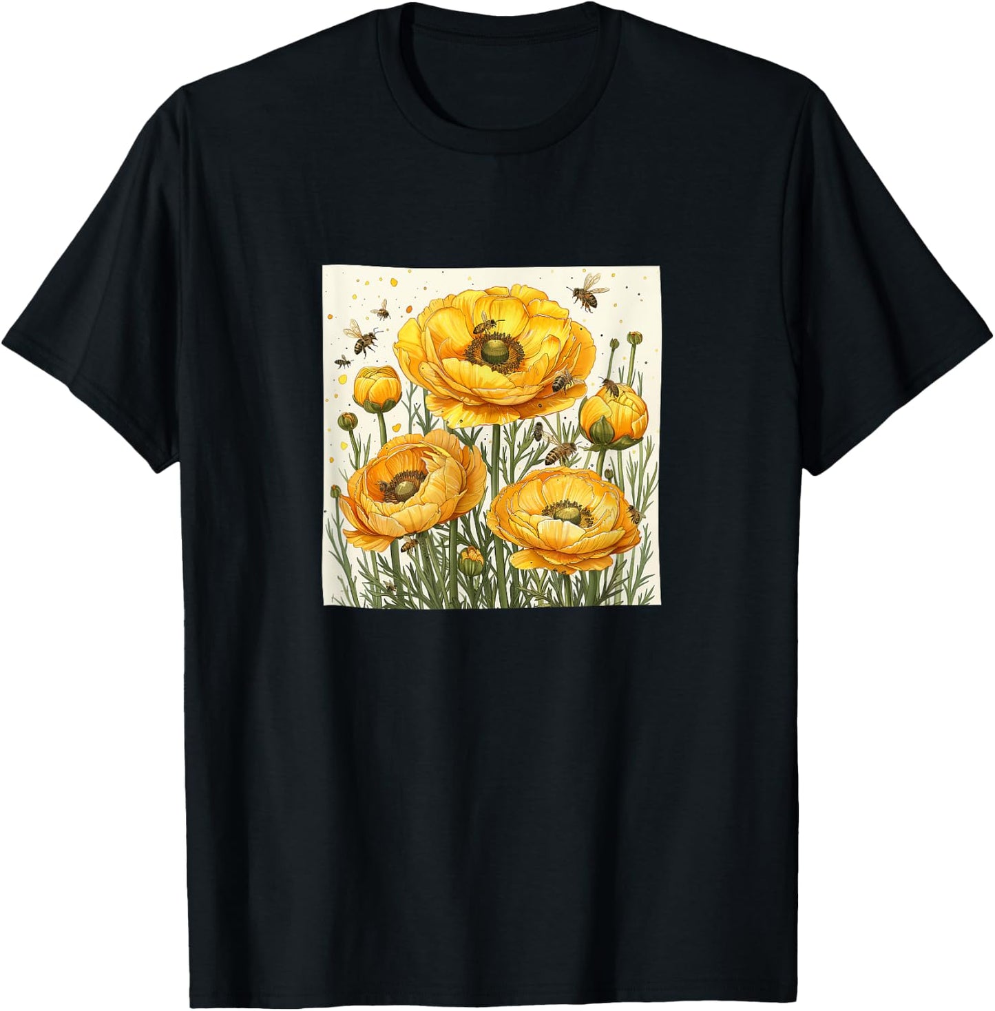 Ranunculus Flower Blooming With Bees Around Graphic T-Shirt - T-Shirt | Black