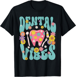 Retro Groovy Dental Vibe Hygienist Dentist Assistant Hygiene T-Shirt - T-Shirt | Black