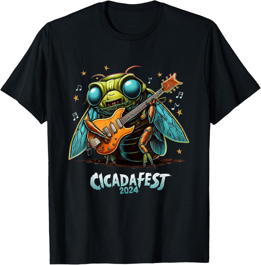 Dibble Dabble Designs Cicadas Cicada fest 2024 Guitar Playing Cicada , Small, Black T-Shirt - T-Shirt | Black