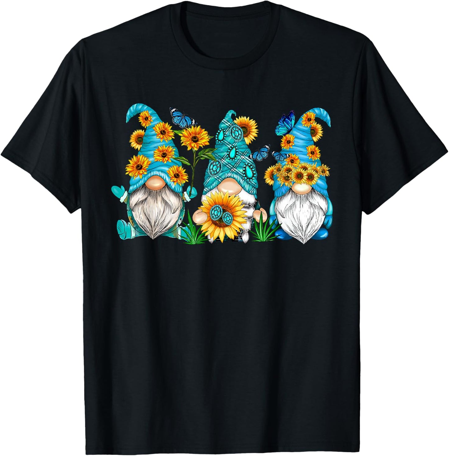Cute Gnomes With Sunflower Butterfly Gardener Summer Floral T-Shirt - T-Shirt | Black