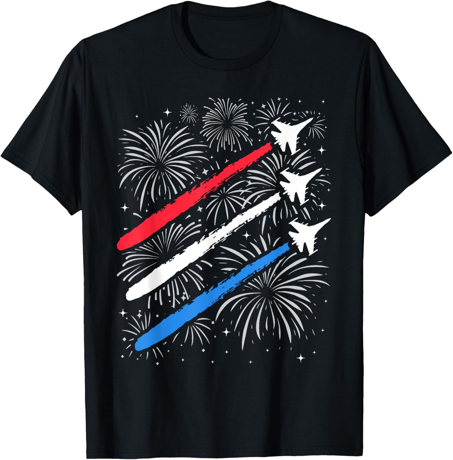 Red White and Blue Fighter Jets with Fireworks 4th of July T-Shirt - T-Shirt | Black