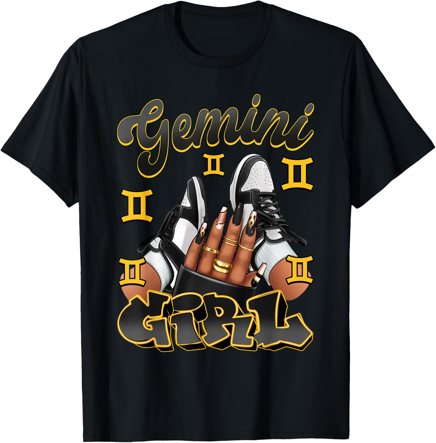 Gemini Girl Birthday Afro Queen Sneakers Zodiac Sign T-Shirt - T-Shirt | Black
