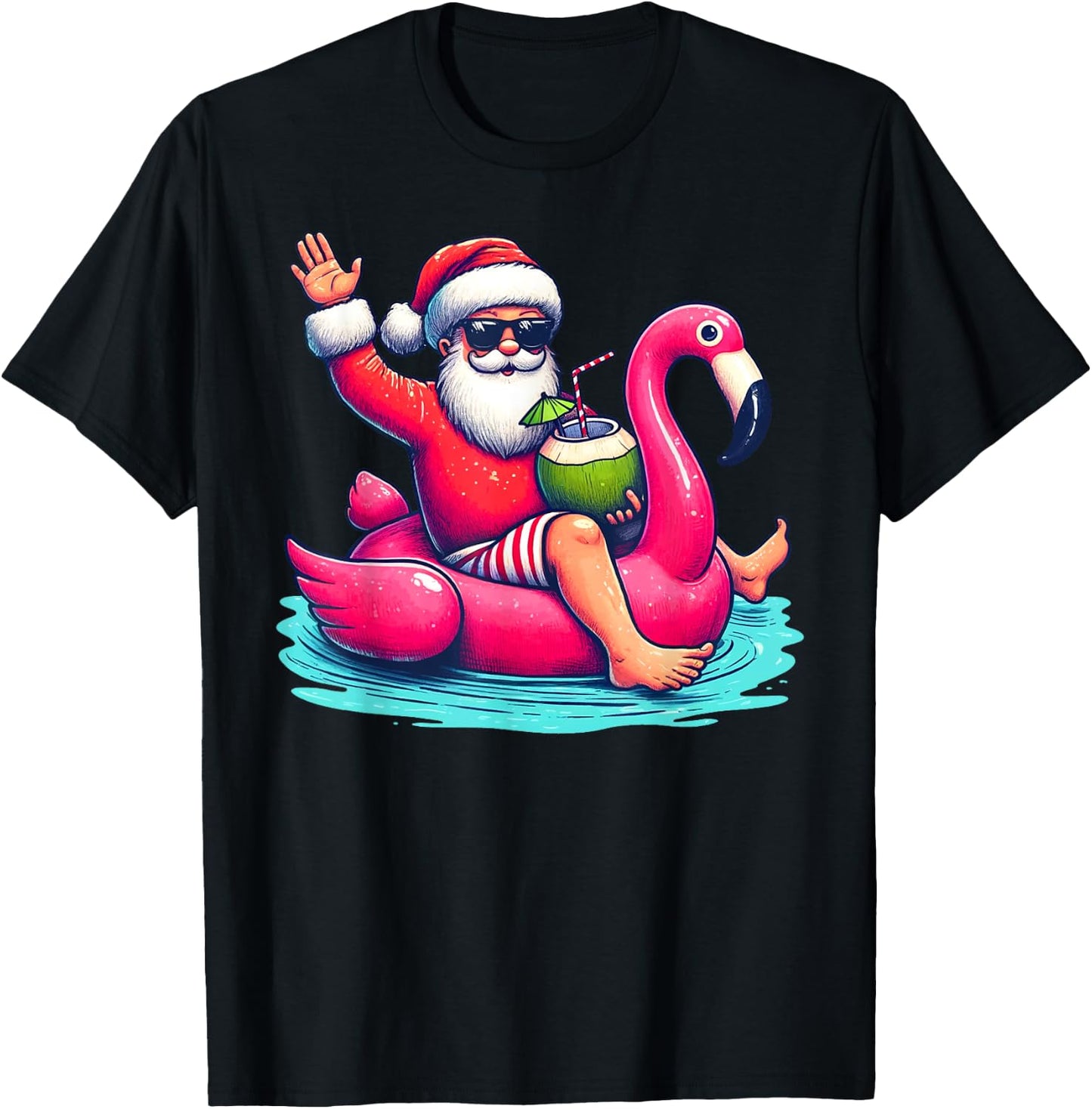 Funny Christmas in July Summer Flamingo Float Xmas Women Kids T-Shirt - T-Shirt | Black