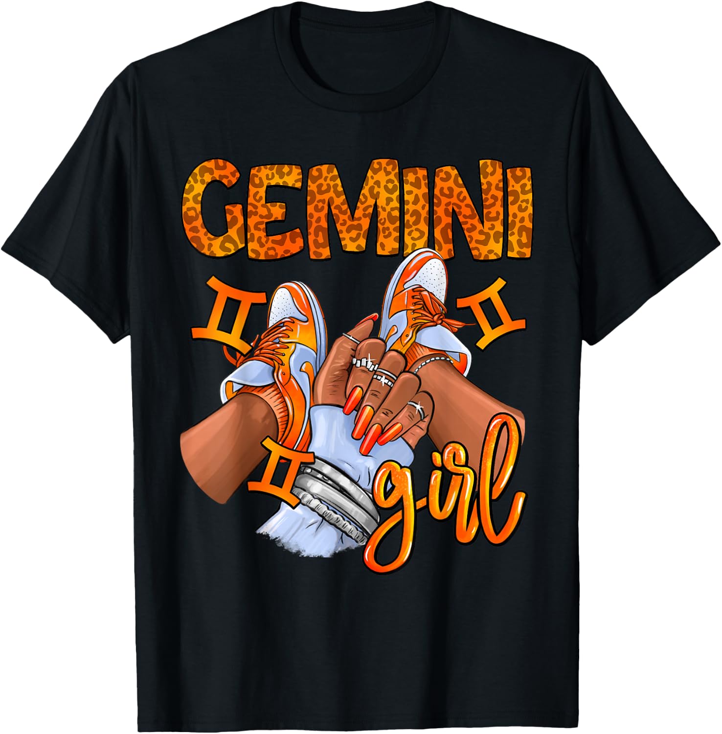 Gemini Black Girl Women Sneakers Nails Zodiac Birthday T-Shirt - T-Shirt | Black