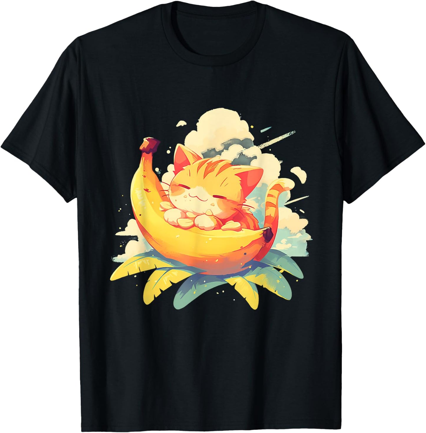 Banana Cat Colourful Artwork Banana Fruits Drawing Cute Cat Men Women Kids T-Shirt - T-Shirt | Black