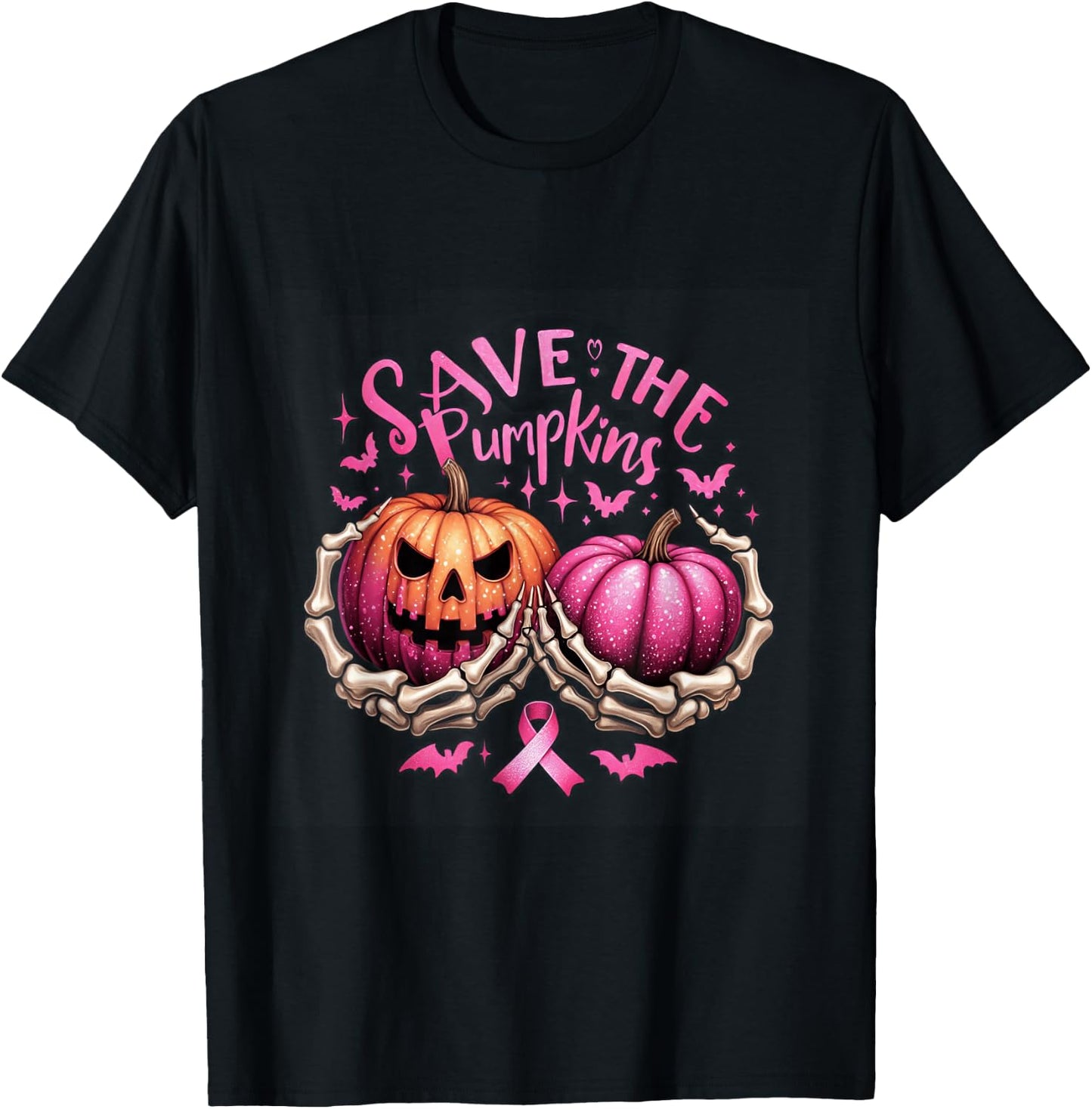 Save The Pumpkins Skeleton Halloween Breast Cancer Awareness T-Shirt - T-Shirt | Black