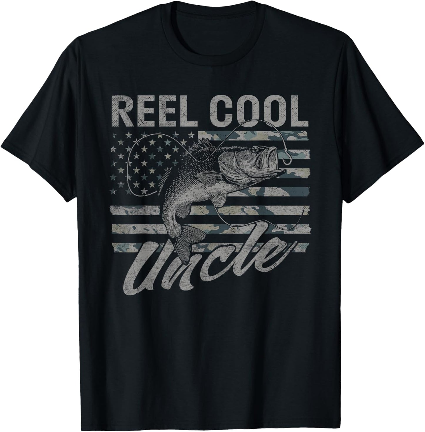 Reel Cool Uncle Camo American Flag Bass Fishing T-Shirt - T-Shirt | Black