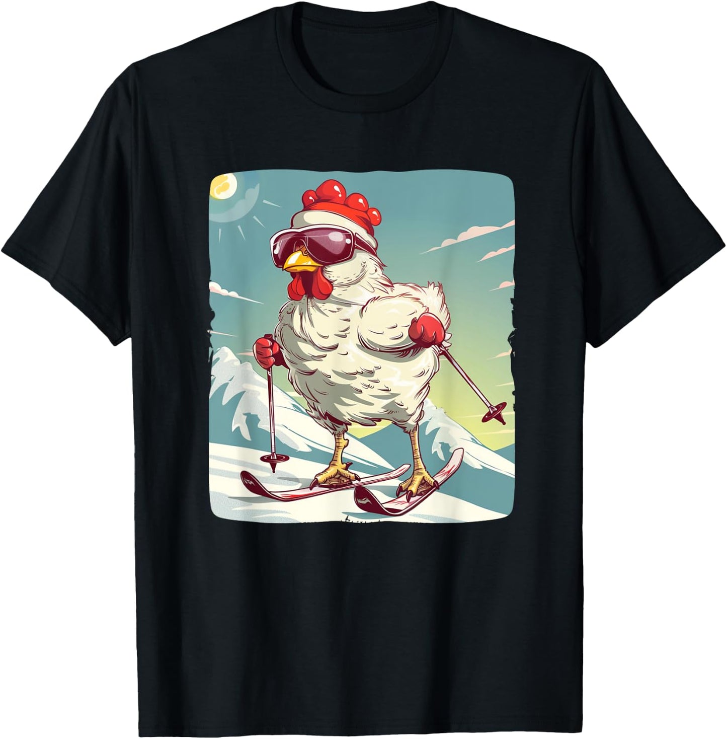 Funny Winter Chicken with Cross-country skiing Shoes Outfit T-Shirt - T-Shirt | Black