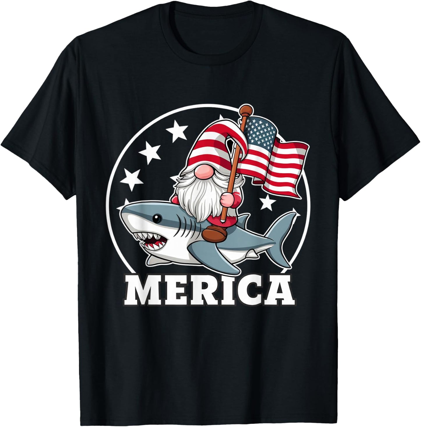 Funny Gnome Riding Shark American Flag USA 4th of July T-Shirt - T-Shirt | Black