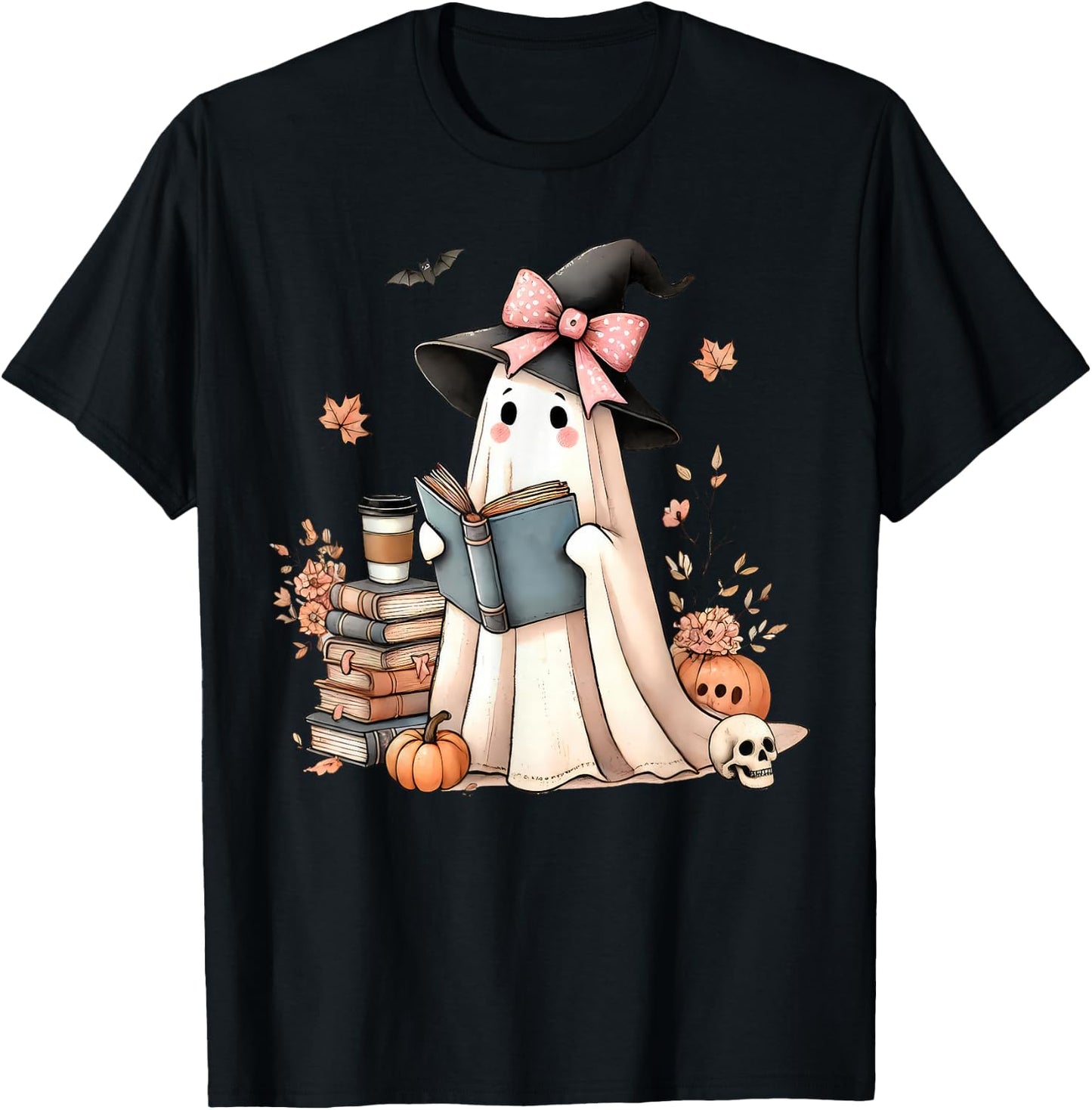 Retro Halloween Ghost Reading Books Teacher T-Shirt - T-Shirt | Black