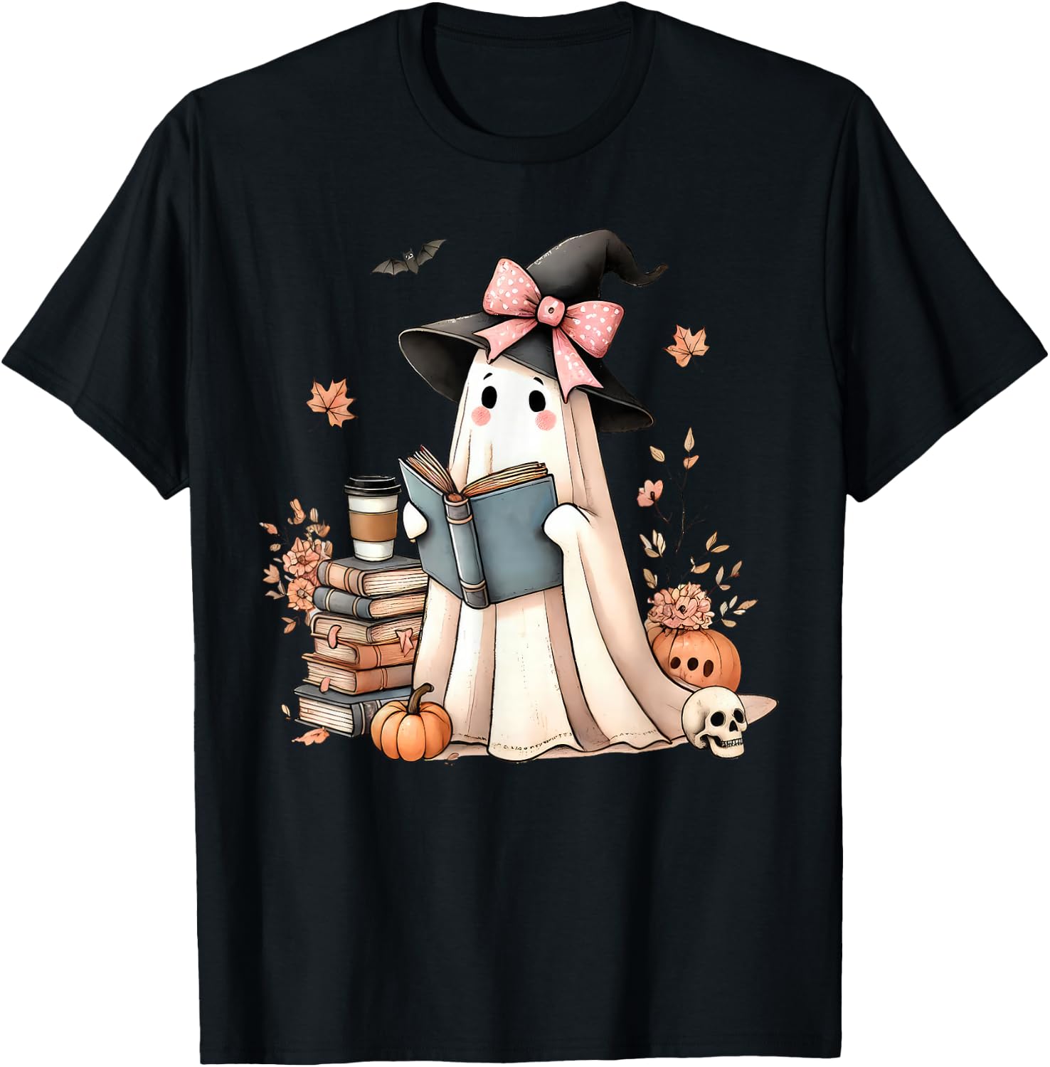 Retro Halloween Ghost Reading Books Teacher T-Shirt - T-Shirt | Black