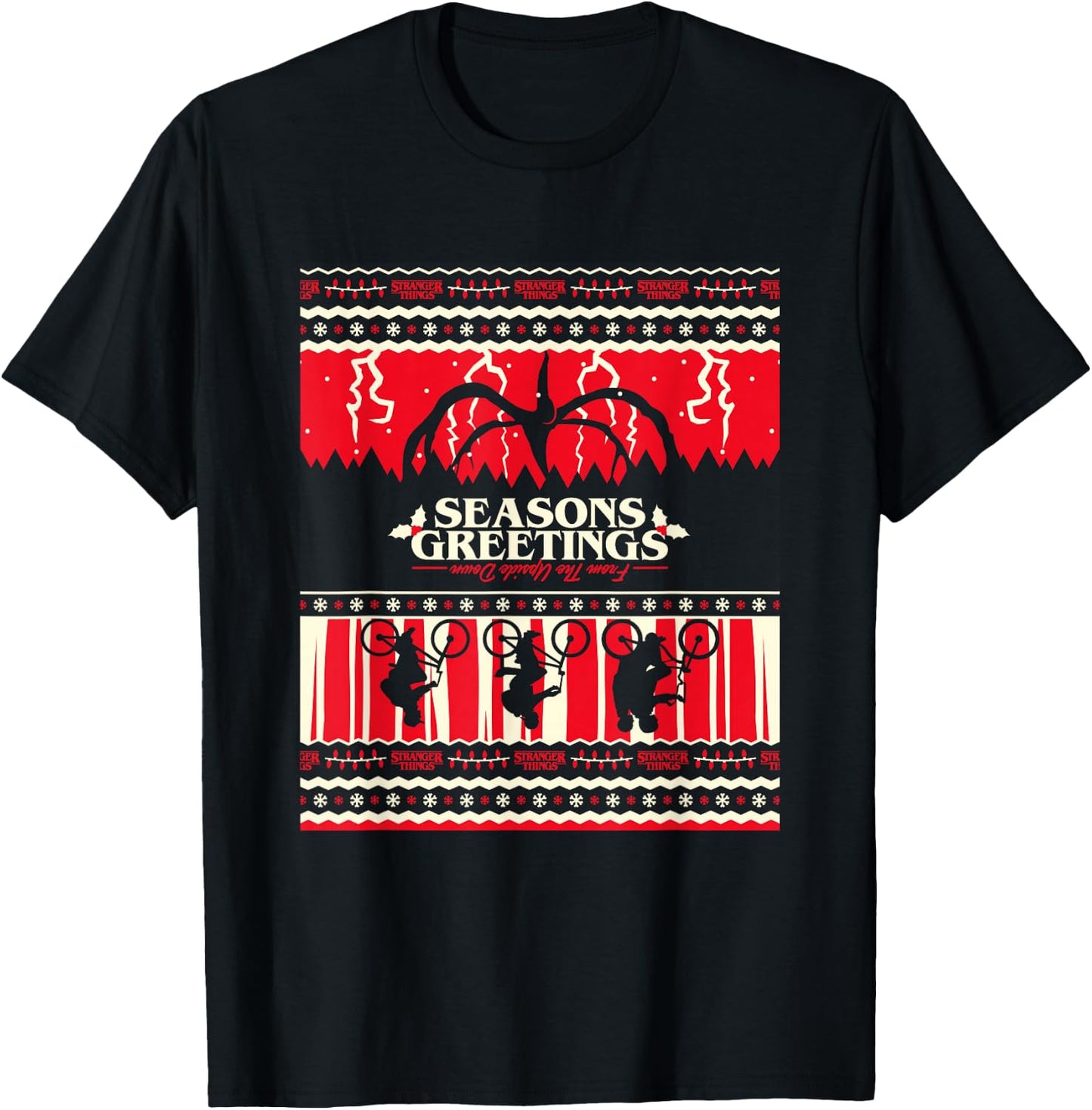 Stranger Things Christmas Seasons Greetings Upside Down Logo T-Shirt - T-Shirt | Black