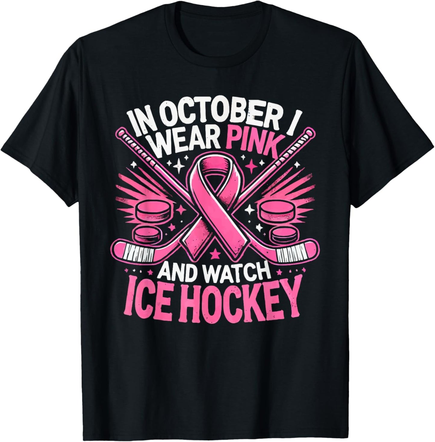 Ice Hockey Breast Cancer Awareness Month Pink Ribbon T-Shirt - T-Shirt | Black