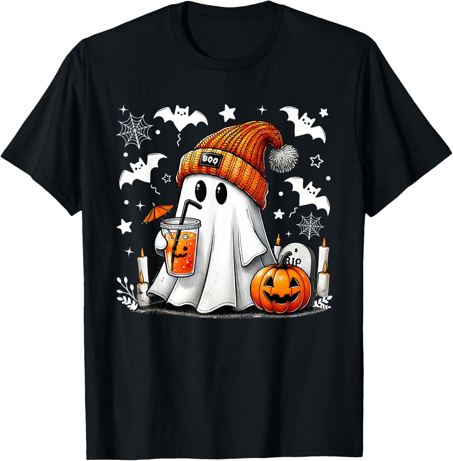 Cute Ghost Drinking Coffee Halloween Ghost Coffee T-Shirt - T-Shirt | Black