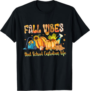 Fall Vibes & That School Custodian Life Pumpkin Leopard T-Shirt - T-Shirt | Black