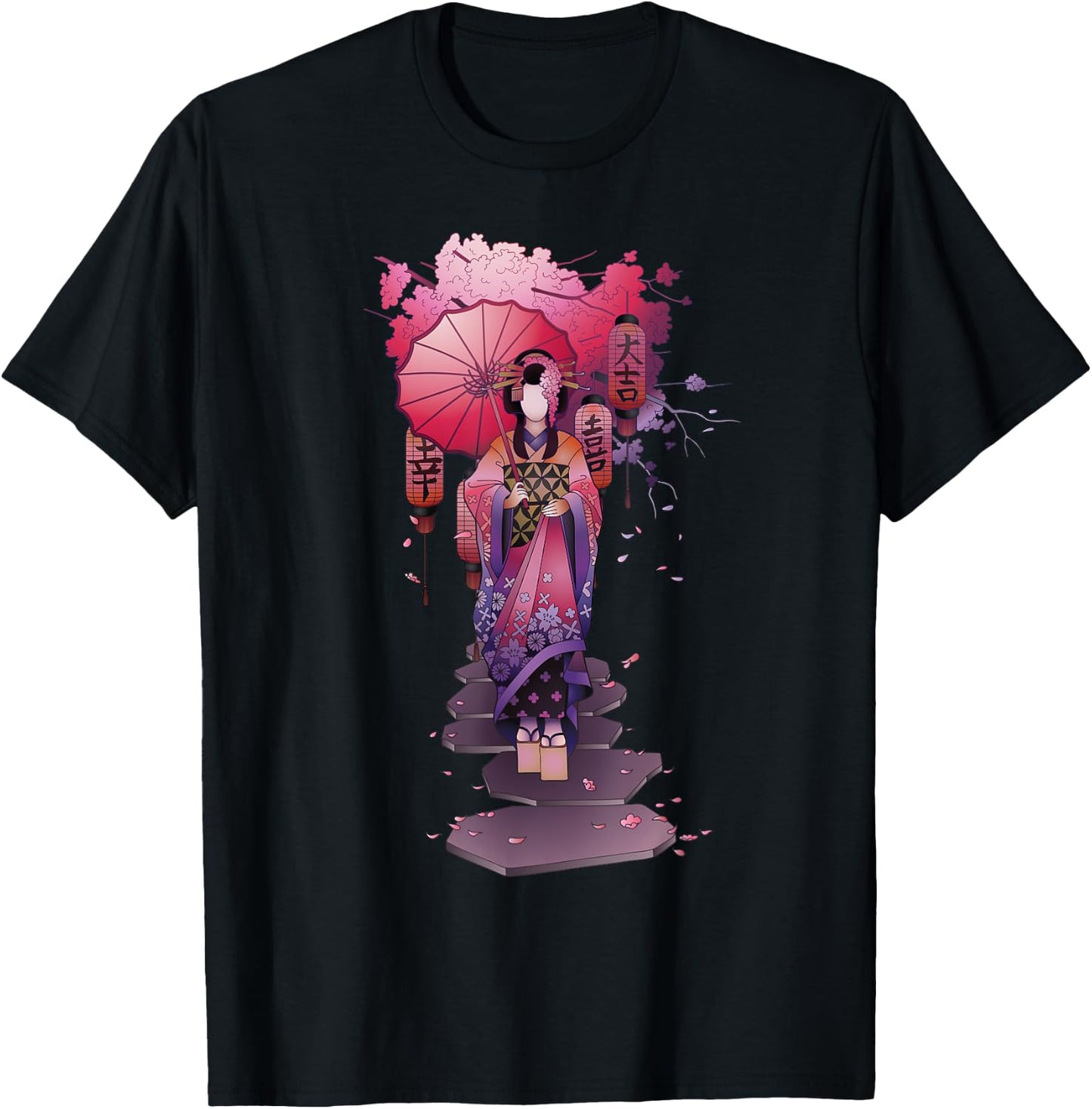 Vintage Japanese Kawaii Geisha Girl in Kimono Japan Art T-Shirt - T-Shirt | Black