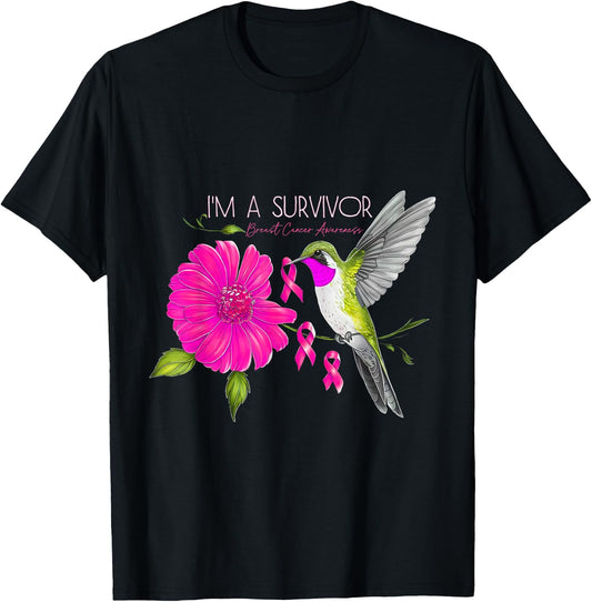 Hummingbird Sunflower I'm A Survivor Breast Cancer Awareness T-Shirt - T-Shirt | Black