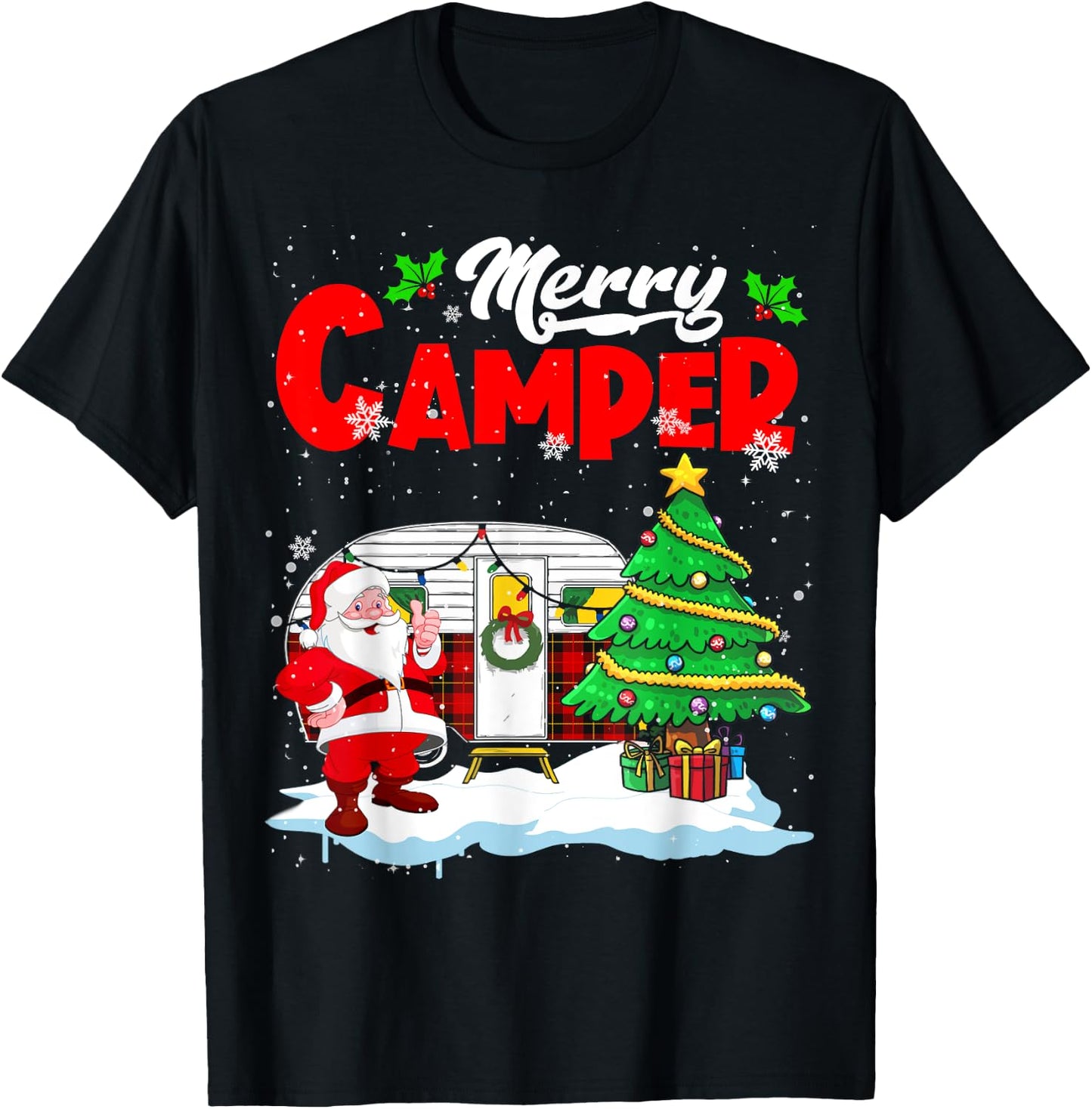 Merry Camper Christmas Santa Camper Camping Truck Red Plaid T-Shirt - T-Shirt | Black