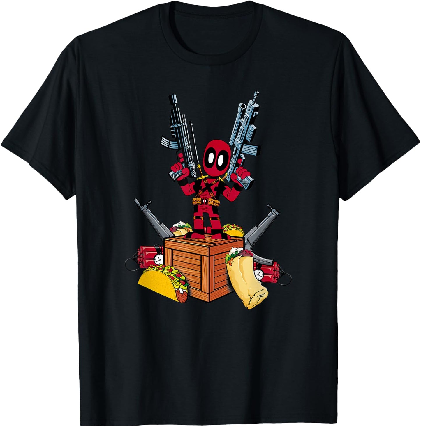 Marvel Deadpool Weapons And Tacos Cute Comic Icon T-Shirt - T-Shirt | Black