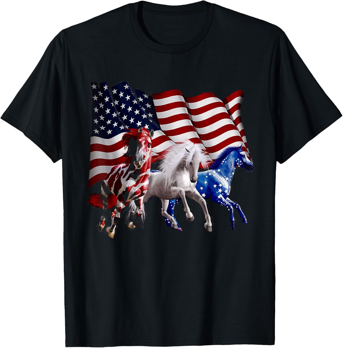 Happy 4th Of July American Flag Red White Horse And Blue T-Shirt - T-Shirt | Black