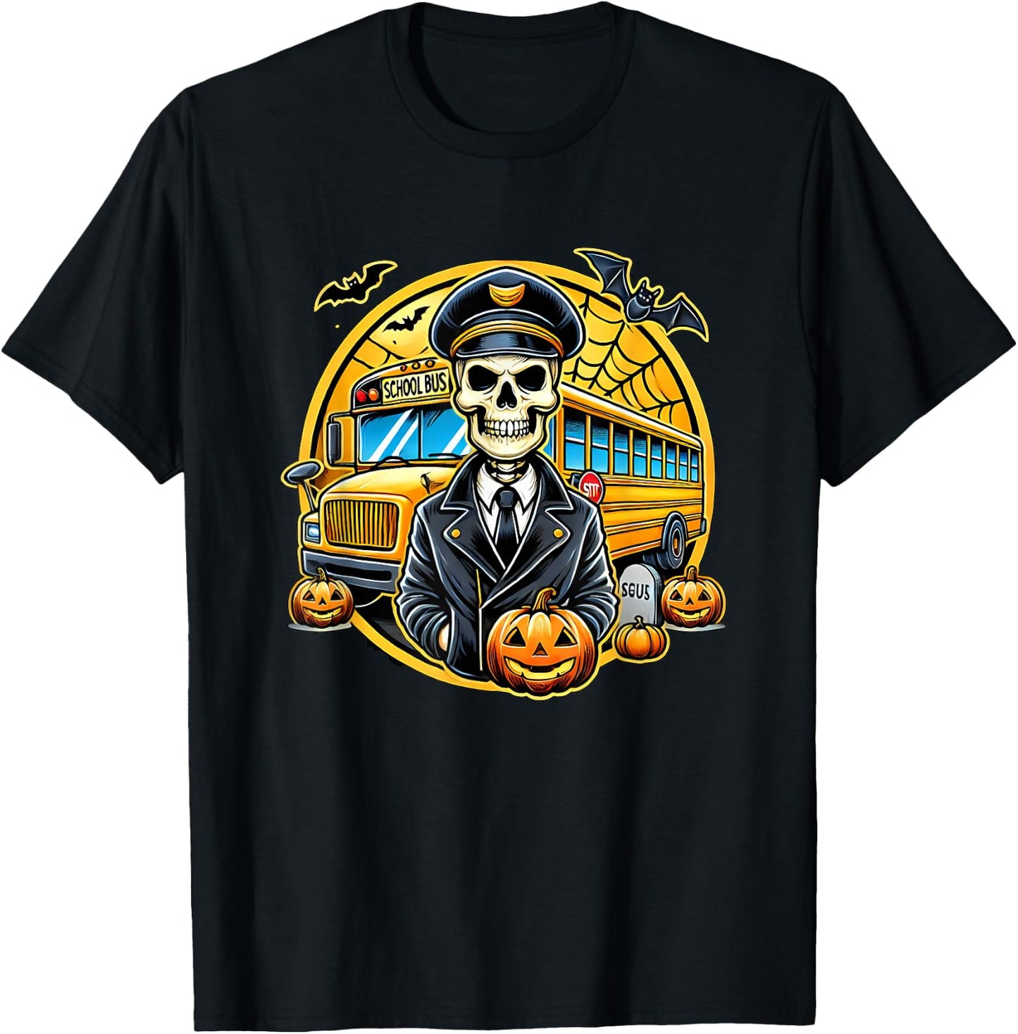 Halloween Skeleton School Bus Driver T-Shirt - T-Shirt | Black