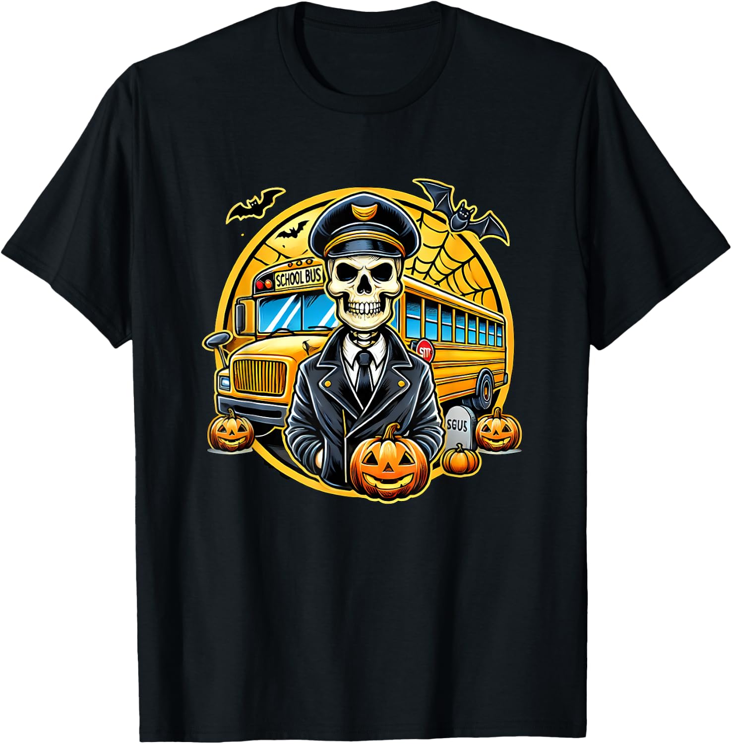 Halloween Skeleton School Bus Driver T-Shirt - T-Shirt | Black