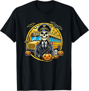 Halloween Skeleton School Bus Driver T-Shirt - T-Shirt | Black