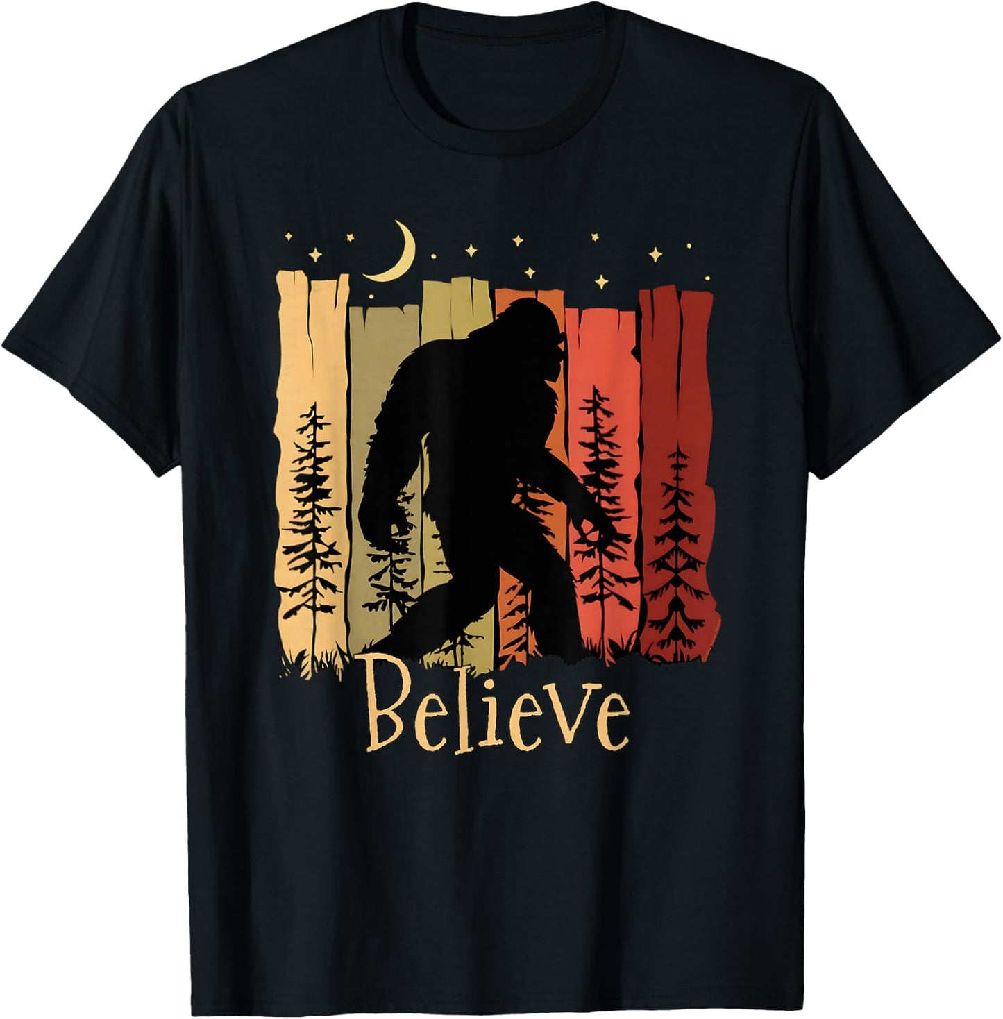 Bigfoot with Trees Moon Stars Sasquatch Believe Bigfoot T-Shirt - T-Shirt | Black