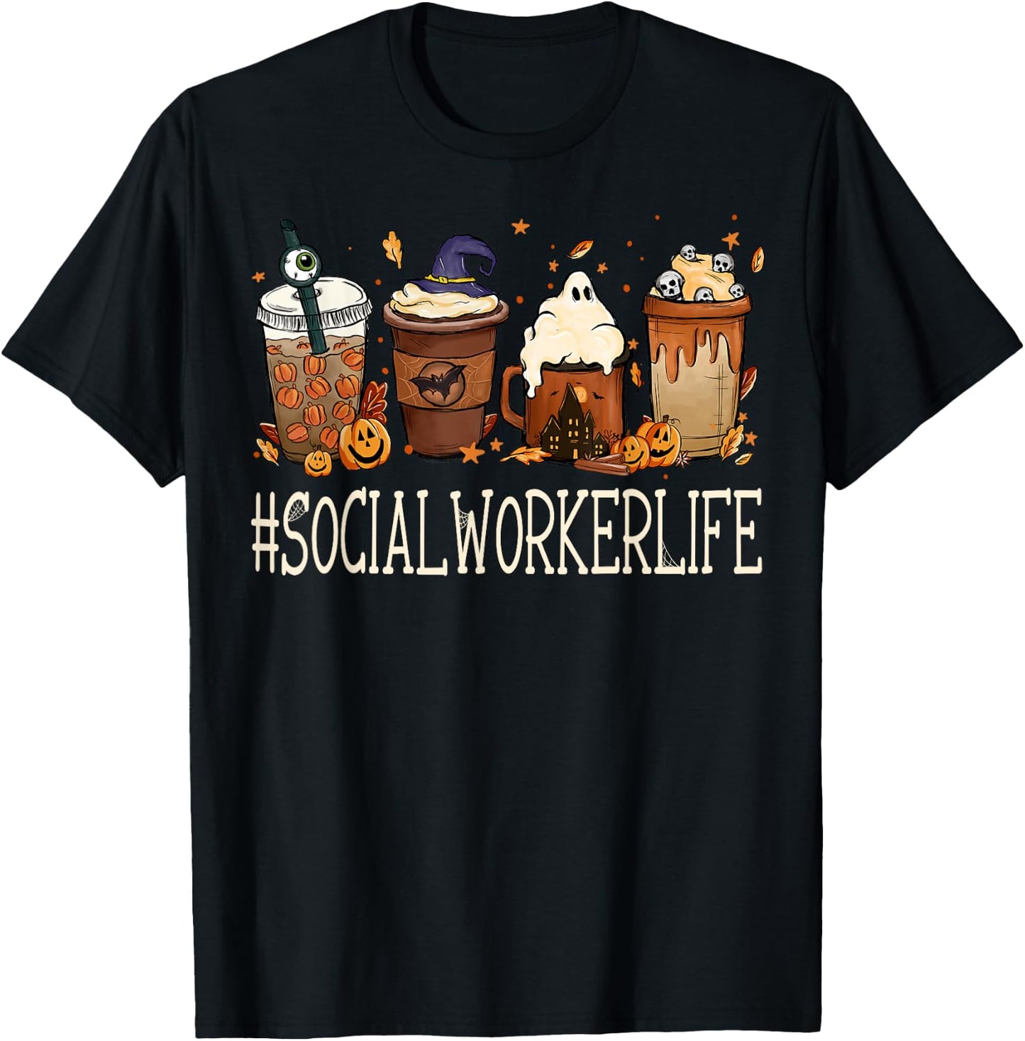 Social Worker Horror Fall Coffee Halloween Pumpkin Autumn T-Shirt - T-Shirt | Black