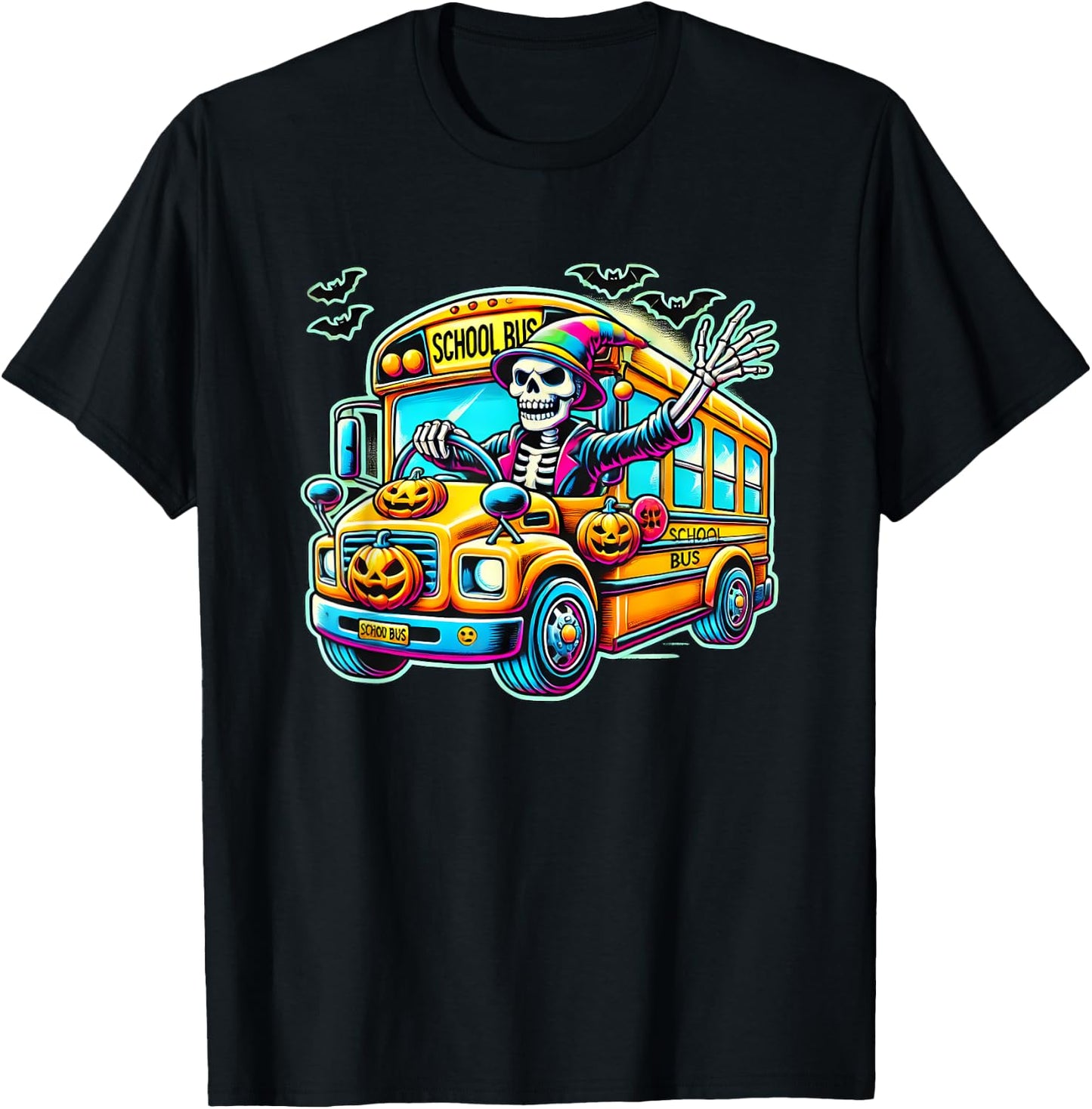 Halloween Skeleton School Bus Driver T-Shirt - T-Shirt | Black