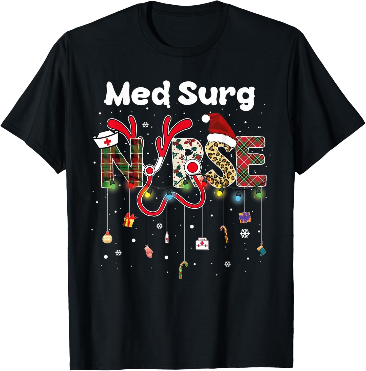 Med Surg Nurse christmas santa hat nursing X-Mas Pajama T-Shirt - T-Shirt | Black