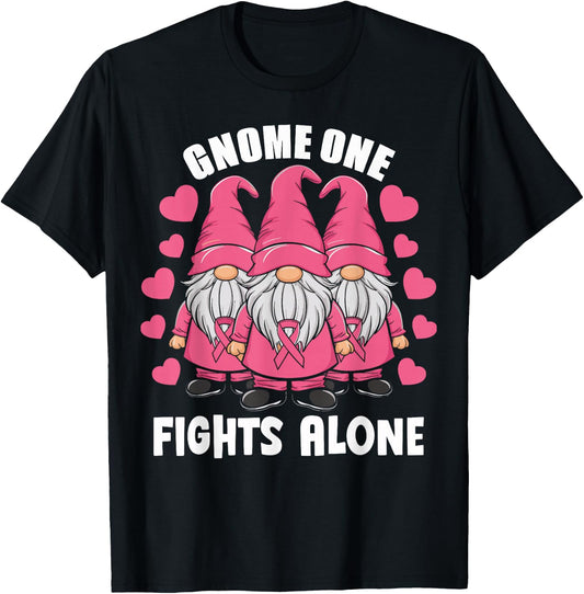 Gnome One Fights Alone Breast Cancer Awareness Support T-Shirt - T-Shirt | Black