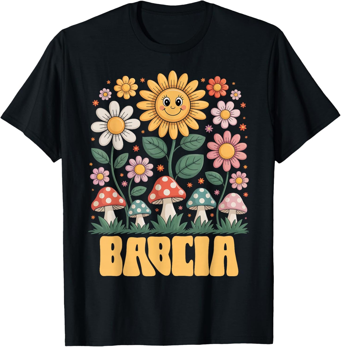 Babcia Mother’s Day Floral Sunflower Mushroom Style T-Shirt - T-Shirt | Black