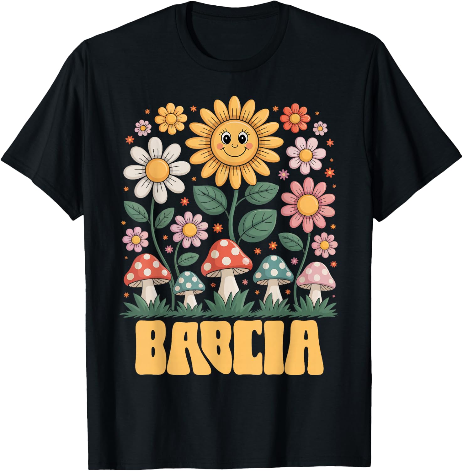 Babcia Mother’s Day Floral Sunflower Mushroom Style T-Shirt - T-Shirt | Black