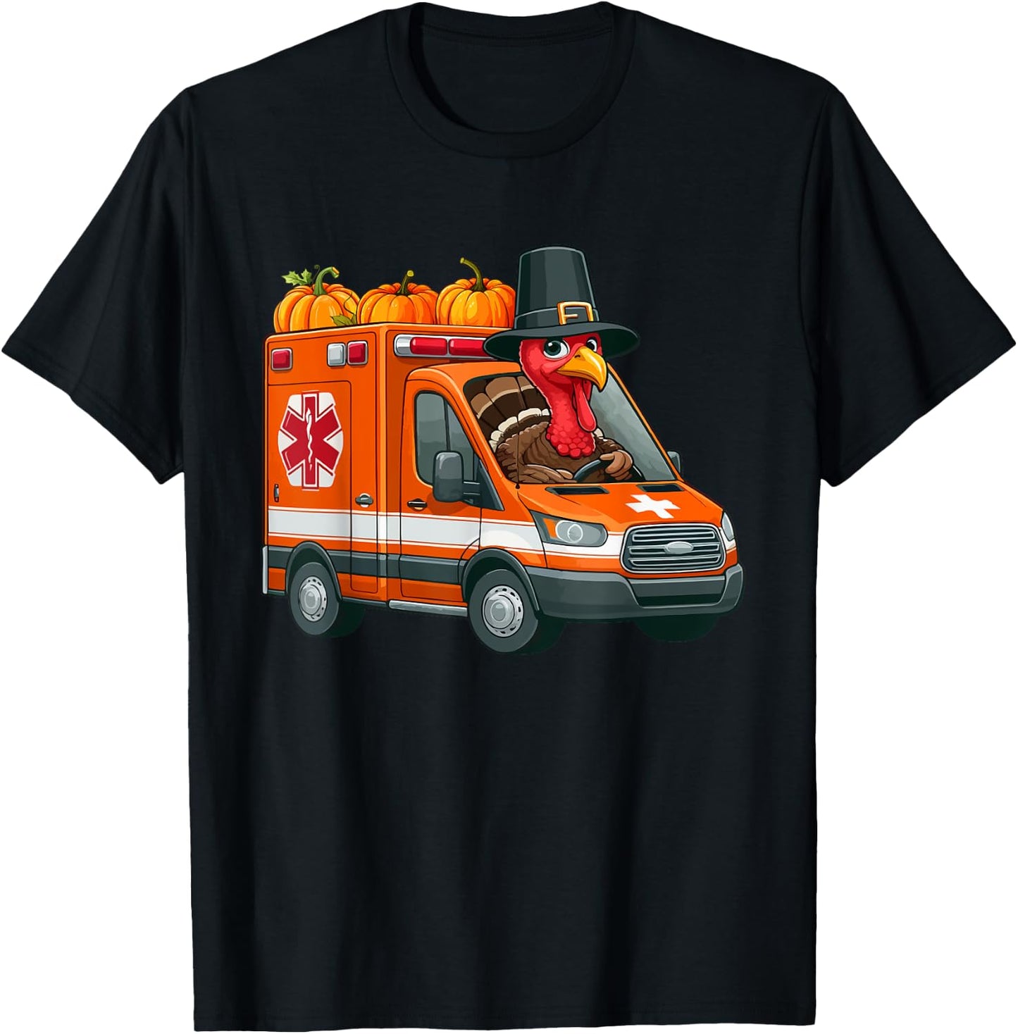 Turkey Driving Ambulance Thanksgiving Driver Fall Pumpkins T-Shirt - T-Shirt | Black