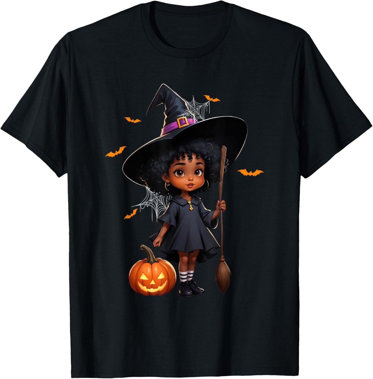 African American Black Girl Cute Witch Halloween Pumpkin T-Shirt - T-Shirt | Black
