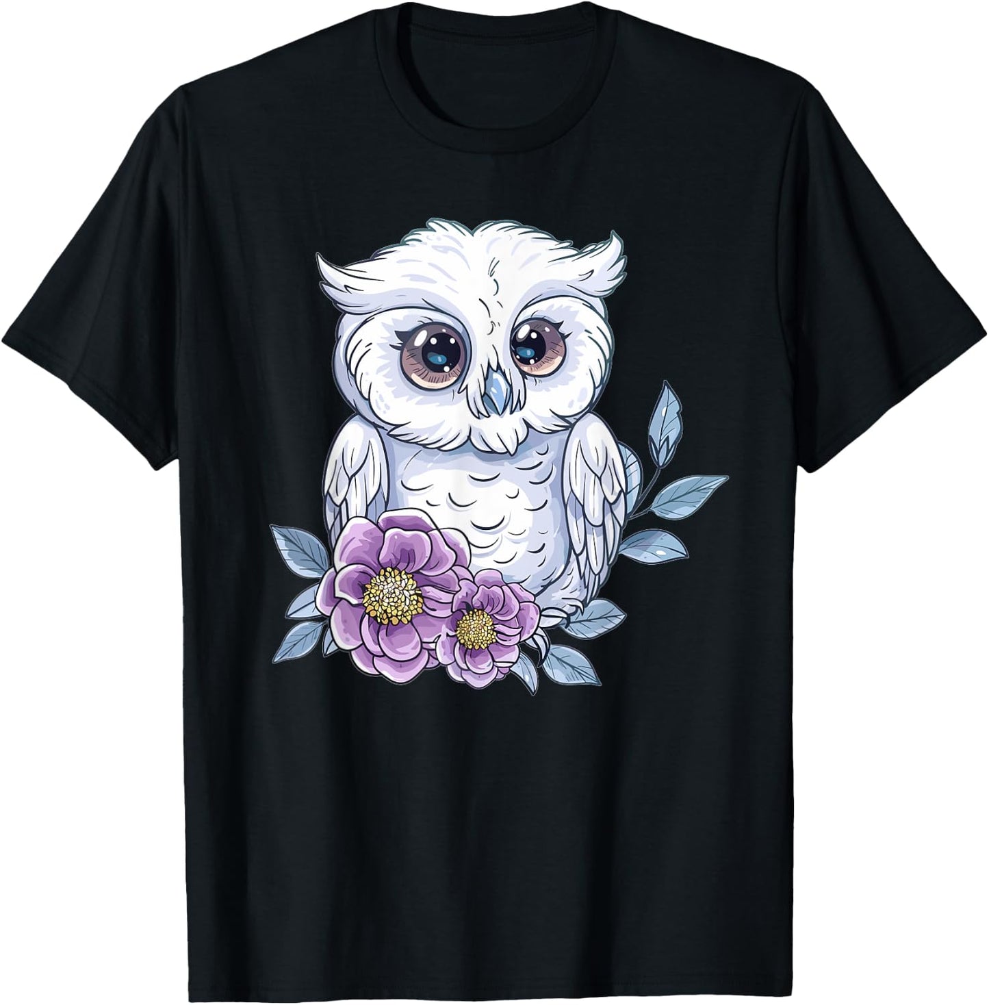 Cute Snowy Owl With Flowers I Snowy Owl T-Shirt - T-Shirt | Black