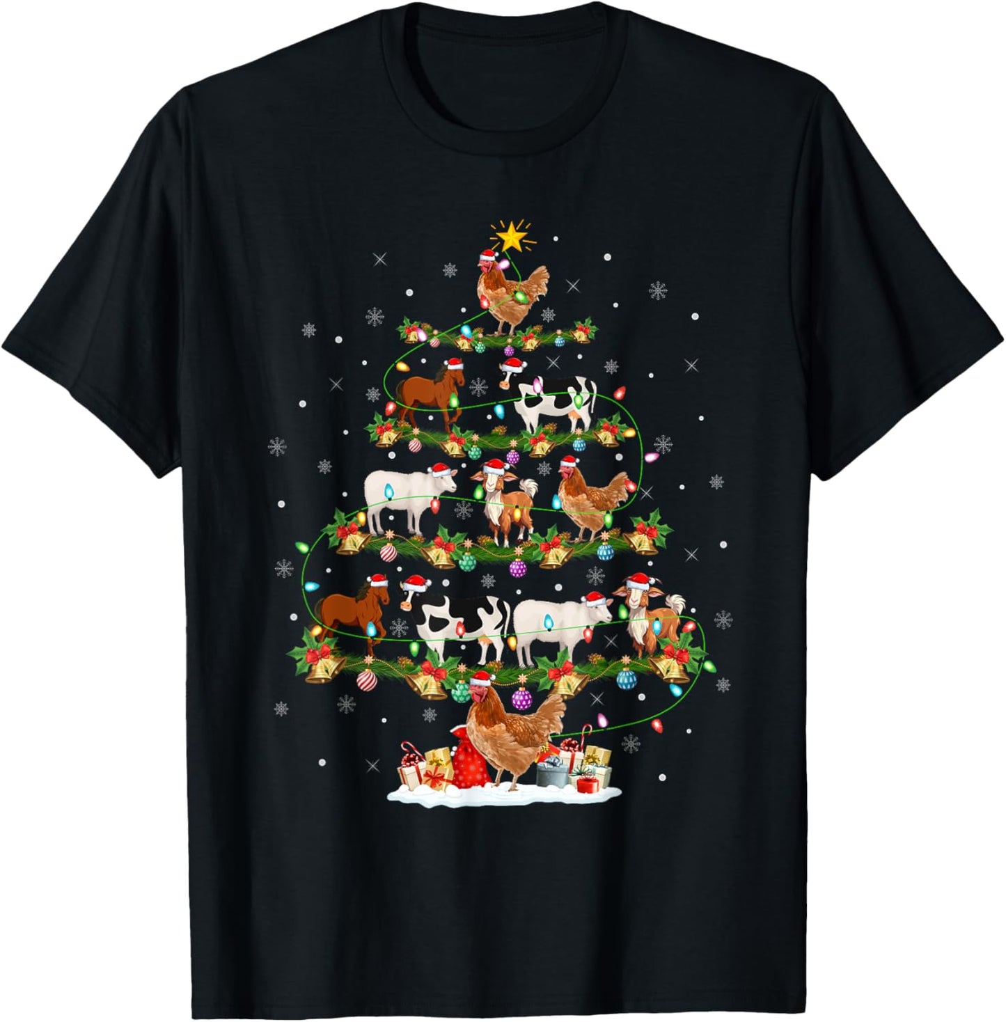 Chicken Cow Goat Horse Farm Animal Farmer Christmas Tree T-Shirt - T-Shirt | Black